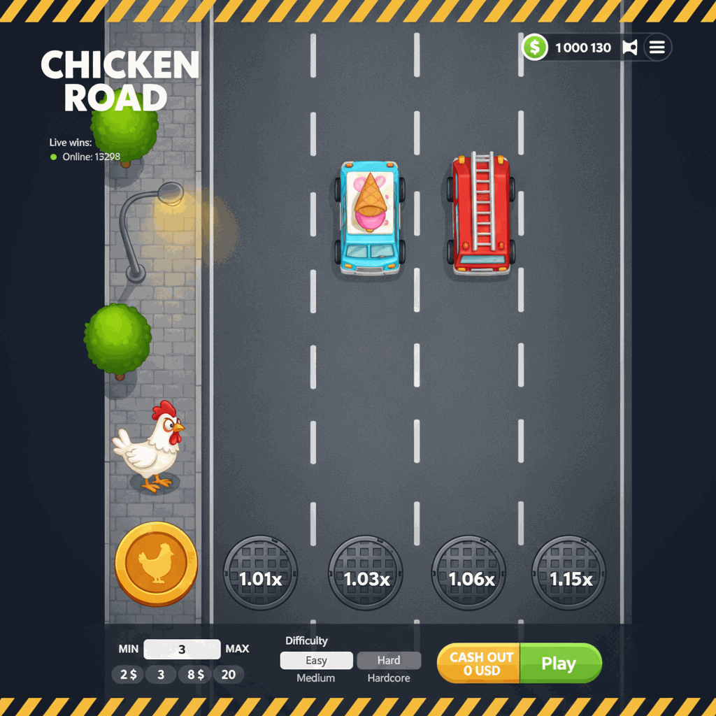 Chicken Road Crash-Spiel Spielansicht: Ein weißes Cartoon-Huhn steht am Straßenrand einer mehrspurigen Straße, bereit die Fahrbahnen zu überqueren. Auf der Straße sind Kanaldeckel mit Multiplikatoren sichtbar, darüber ist die Spieloberfläche mit Live-Gewinn-Ticker und Steuerungselementen zu sehen.
