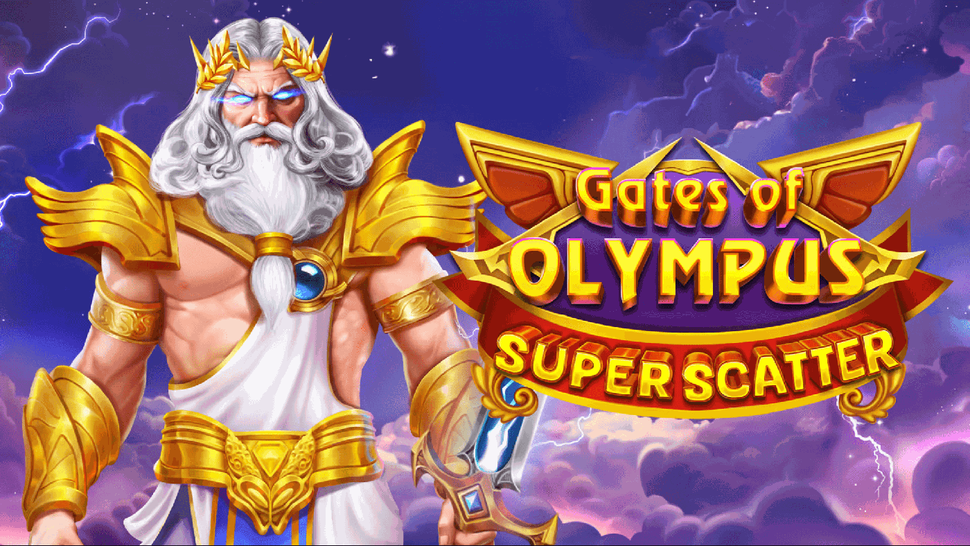 Rundes Medaillonbild aus Gates of Olympus Super Scatter mit Zeus vor rosafarbenen Wolken, dem 6x5 Walzenfeld, violettem Kristalldreieck und rotem Kristall mit goldener Krone im goldenen Rahmen